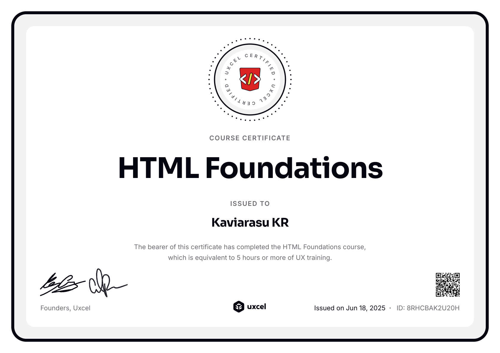 Kaviarasu KR's certificate